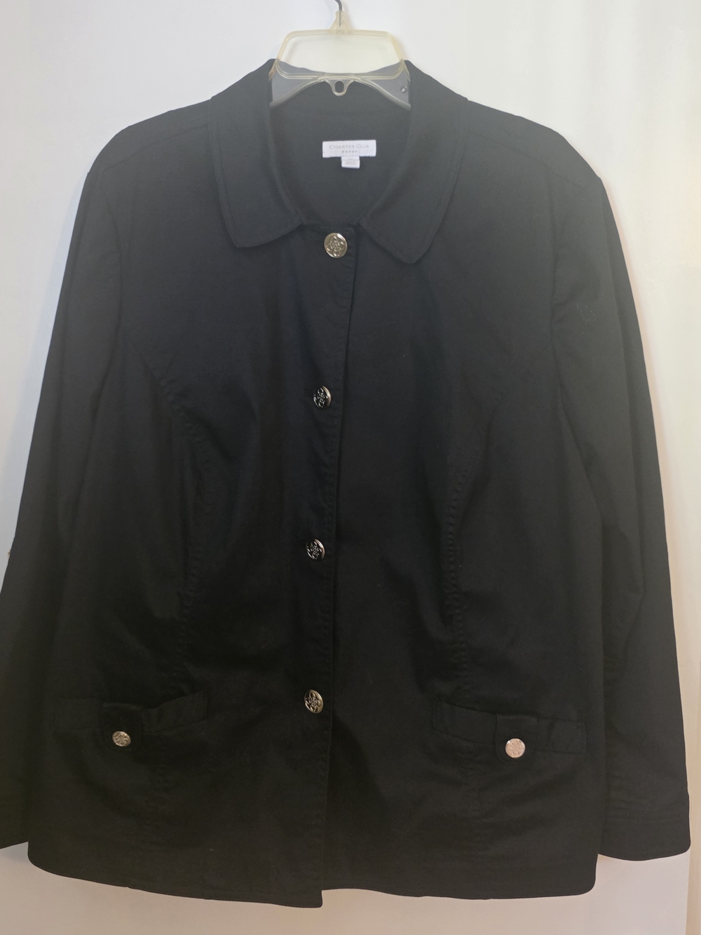 Charter Club Black Button Front Jacket Lightweight Casual Coat Gold Crest